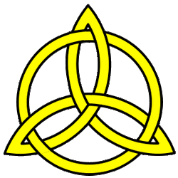 a gold triquetra interlinked with a circle.